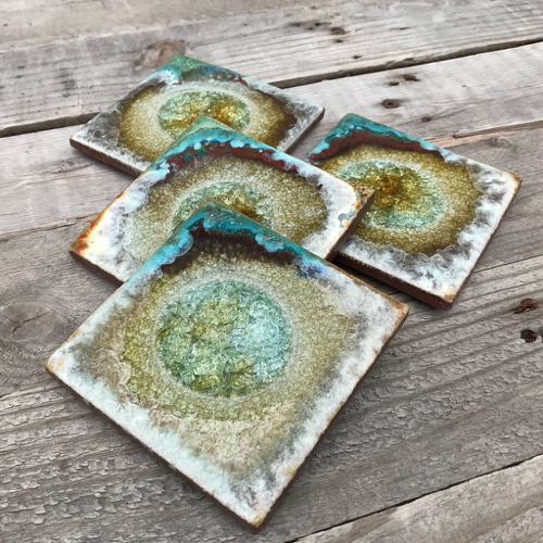 KB-589 Coasters Set of 4  Green and Copper $45 at Hunter Wolff Gallery
